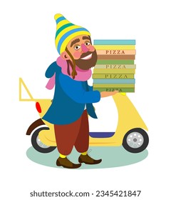 The food delivery man brought pizza and is standing near the moped, waiting for the customer.