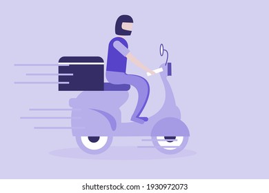 Food delivery man concept, 
purple fast Delivery man riding motorcycle Delivery by order.