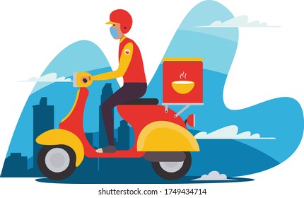 El repartidor de comida está entregando comida usando motocicleta