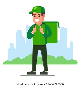 food delivery man in green uniform on a city background. flat vector character illustration.