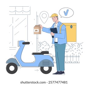 A food delivery man holding a box and clipboard near a blue scooter, wearing a cap and backpack. Minimalistic illustration on a white background. Delivery concept. Flat cartoon vector illustration