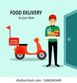 Food Delivery Man Holding Fast Food And Drink In Front Of His Scooter. Delivery Boy Standing At The Door Of Customer House. Fast Food Delivery Service In Flat Design Concept Vector Illustration.