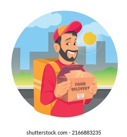 Food delivery man holding fast food box on city background. Fast food delivery service in cartoon design concept vector illustration.