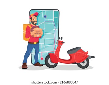 Hombre entregando comida sosteniendo una caja de comida rápida en el fondo de la ciudad. Servicio de entrega de comida rápida en la ilustración vectorial de diseño de dibujos animados.