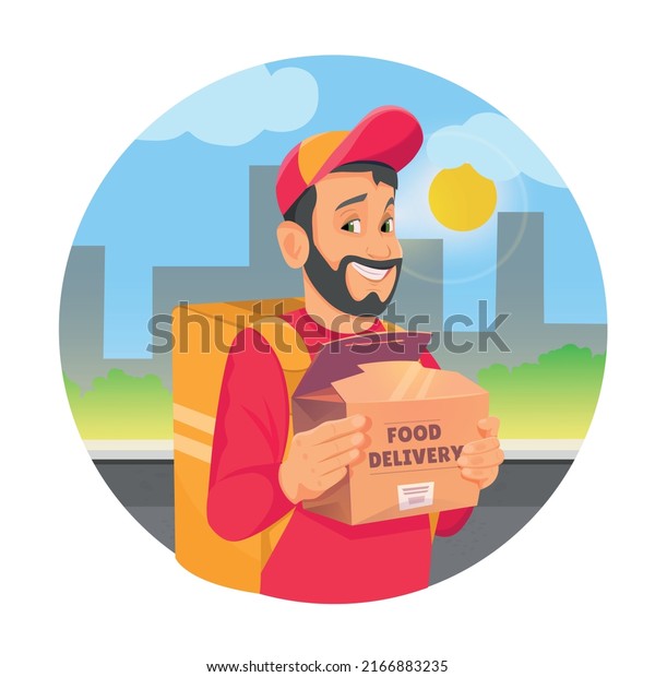 Food delivery man holding fast food box on\
city background. Fast food delivery service in cartoon design\
concept vector\
illustration.