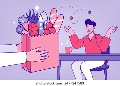 Food delivery man holding a parcel or food. Online shopping service at the store and supermarket. Foodstuffs delivered by courier home. Store employees are delivering products. Vector illustration.