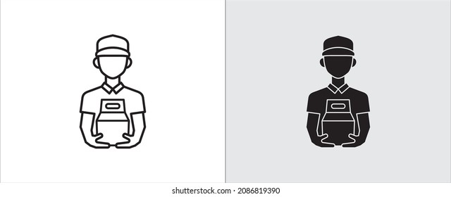 Food delivery man icon. Food delivery courier service vector illustration. A guy handing paper food container.