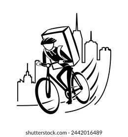 Food delivery man icon riding a bicycle on a white background.