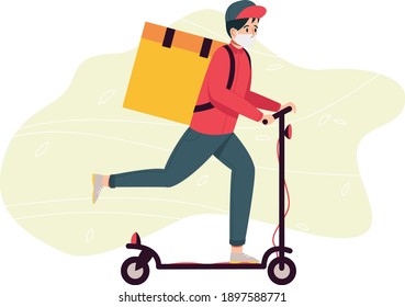 Food delivery man in mask with bag on a scooter. Flat design illustration. Vector