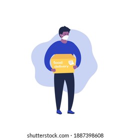 Food delivery, man in mask with a box