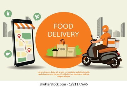 Food delivery man with motorcycles. Customers ordering on the mobile application, The motorcyclist goes according to the GPS map. Decorated with smartphone, scooters, food bags, paper coffee mugs. 