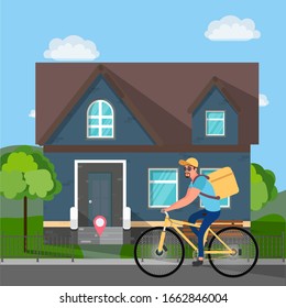 Food delivery man on a bicycle. Food delivery home. Vector illustration.