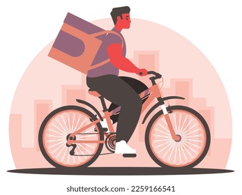 Food delivery. Delivery man on a bicycle carrying a ready meal. Vector graphics