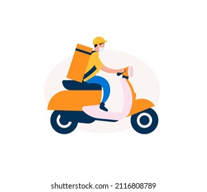 Food delivery man on an electric scooter. Courier with eat bag on moped. Graphic for delivery service. Vector illustration.