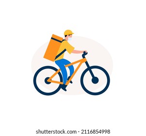 Food Delivery Man On An Electric Bike. Courier With Eat Bag On Bicycle. Graphic For Delivery Service. Vector Illustration.