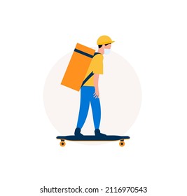Food delivery man on longboard. Courier with eat bag on skateboard. Graphic for delivery service. Vector illustration.