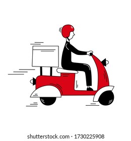 Food delivery, a delivery man on a red scooter sending hot food - Online order, delivery service concept - Character riding motorbike delivering the package - Vector illustration, isolated