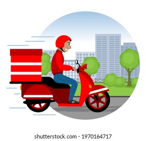 Food delivery man on a red scooter wearing a helmet. Vector illustration.