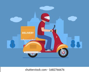 Food delivery man on a scooter. Vector illustration of a cartoon character courier man in a motorcycle helmet delivers food on a scooter around the city. Boy rides a motorcycle with a container box.