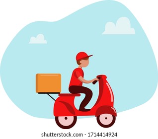 food delivery man on a scooter vector.  Express parcel delivery service. Cartoon Character Person Delivery Man by Scooter.