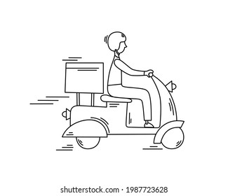 Food delivery, a delivery man on a scooter sending hot food - Online order, delivery service concept - Character riding motorbike delivering the package - Vector illustration, isolated