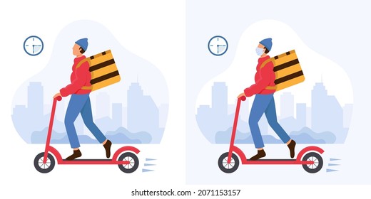 Food delivery man on a scooter. Courier in mask. Food delivery in time. 15-minutes delivery. Vector illustration. 