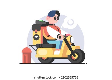 Food delivery man on scooter vector illustration. Delivery worker with backpack full of products flat style. Delivery service and food concept. Isolated on white background