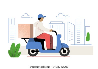 Food delivery man on scooter flat. Grocery concept