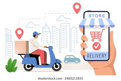 Food delivery man on scooter flat. Grocery concept