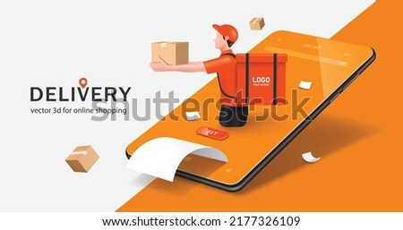 Food delivery man in orange uniform pop-up on smartphone screen is holding a parcel or food box handed to a customer and he sling a backpack to deliver food behind him,vector 3d for delivery concept