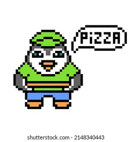 Food Delivery Man Penguin With A Pizza Box, Pixel Art Animal Character Isolated On White Background. Old School Retro Vintage 80s, 90s 8 Bit Slot Machine, Video Game Graphics. Courier Service Worker.