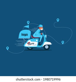 Food Delivery Man Ride Blue Scooter Deliver