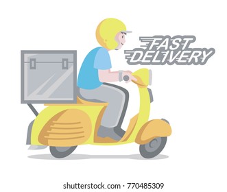 Food Delivery Man Ride a Yellow Scooter Motorcycle Cartoon Vector Illustration : Layered Vector Illustration - Easy to Edit