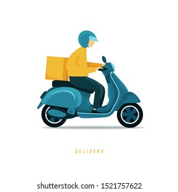 Food delivery man riding a blue scooter. Man courier riding scooter with parcel box fast delivery concept.