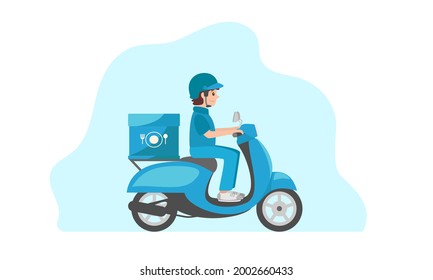 Food Delivery Man Riding a blue Scooter. Illustration for food delivery. Vector illustration isolated on white background.