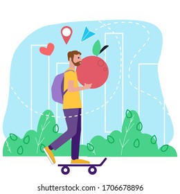 Food delivery. Delivery man riding courier riding a skateboard delivers food on the city. Vector illustration in flat style. Can used for banner, website design, landing web page, social media