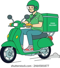 Food delivery man riding green motorcycle line art. Shipping fast delivery man riding motorcycle icon symbol, Vector illustration