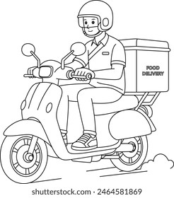 Food delivery man riding motorcycle coloring page. Shipping fast delivery man riding motorcycle icon symbol, Vector illustration