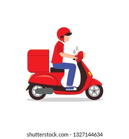 Food delivery man riding a red scooter vector illustration 