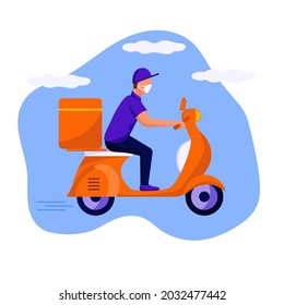 Food delivery man riding a red scooter, isolated on white.  Flat vector illustration. Online delivery service concept, delivery home and office. Scooter courier, delivery man in respiratory mask.