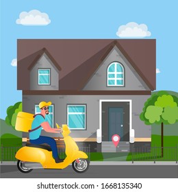 Food delivery man riding a scooter. Home delivery food. Vector illustration