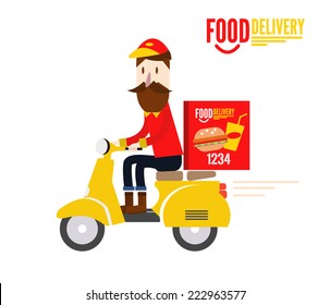 Food delivery man is riding yellow motor bike. flat character design. vector illustration