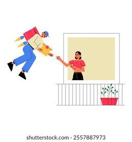 Food Delivery Man With Rocket Backpack Handing A Package To A Woman On A Balcony In Flat Vector Illustration Symbolizing Fast Delivery And Convenience, Isolated On White Background