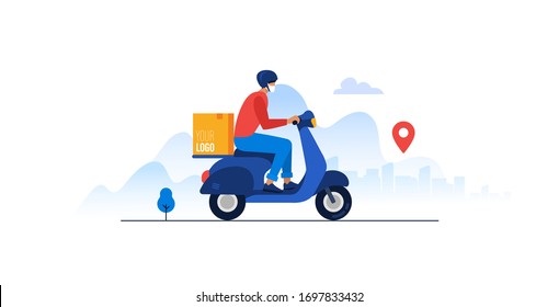 Food delivery. Delivery man with scooter. Express parcel delivery service. Vector