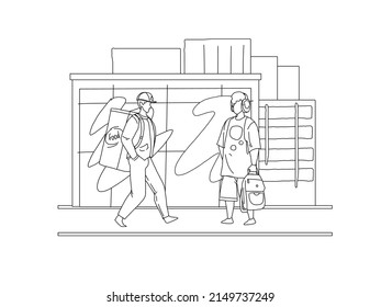 Food delivery man and teenager boy people citizen on city street line vector illustration