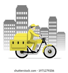 Food delivery man use yellow uniform. Courier on motorcycle with box delivering food to customer.  
