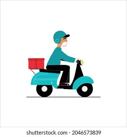 Food delivery man vector riding a scooter in lockdown corona illustration Online order food delivery service. Food delivery and fast food design for landing page, web, poster, flyer. Easy meal 