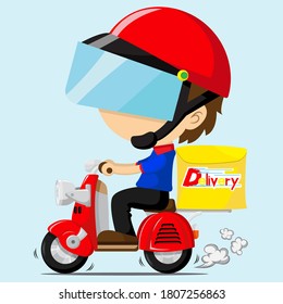 A food delivery man wearing a red helmet riding on a red classic motorcycle with a delivery bag on the back. On a light blue background