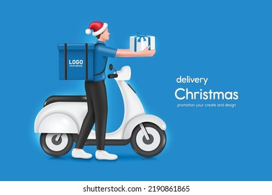 Un repartidor de comida llevaba un sombrero rojo de Papá Noel y una mochila de comida en la espalda. y entrega de la caja de regalo al cliente Hay una moto o moto estacionada en la parte posterior,vector 3d