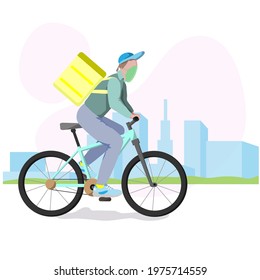 Food delivery man with yellow backpack on his back on a bicycle on the way to deliver food. fast courier delivering food.Vector illustration in flat style.